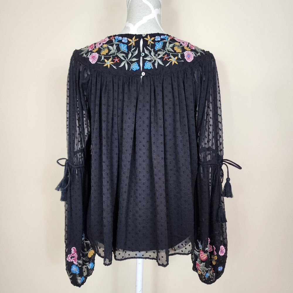 ZARA Trafaluc Black Embroidered Floral Long Sleeve Tassel Chiffon Top Boho XS - Picture 1 of 12